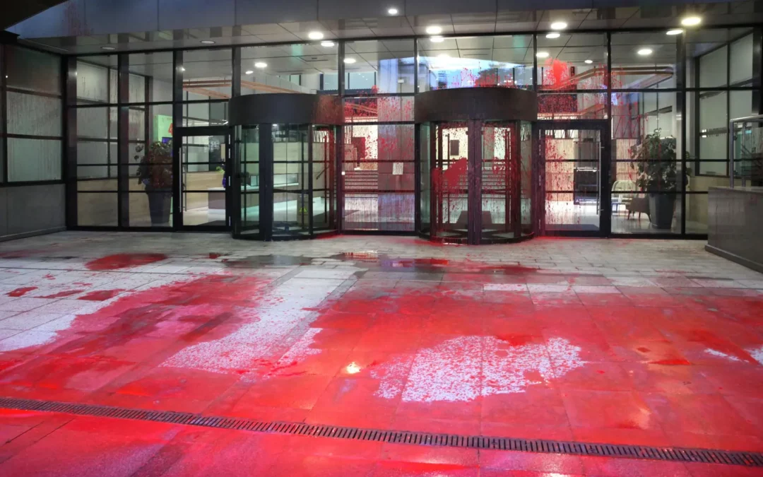 Palestine Action spray Thales’ London offices red 