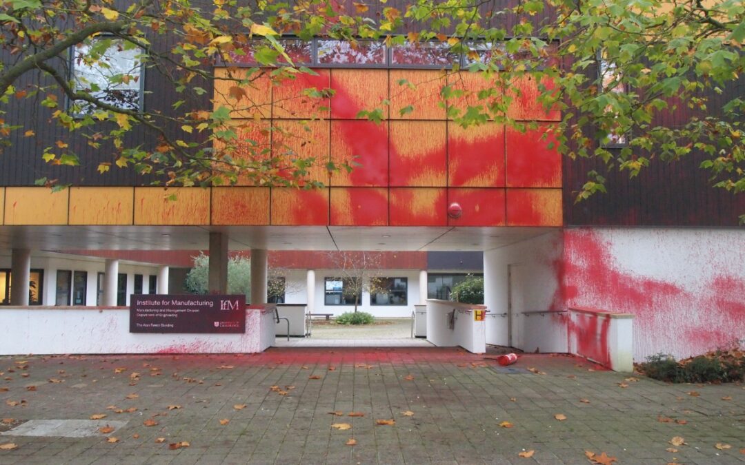 Students Spray Cambridge University’s Institute for Manufacturing on Balfour day