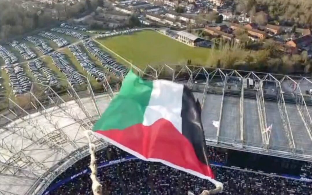 PALESTINE ACTION FLY PALESTINE FLAG OVER ALLIANZ’S STADIUM DURING ENGLAND V ITALY RUGBY MATCH